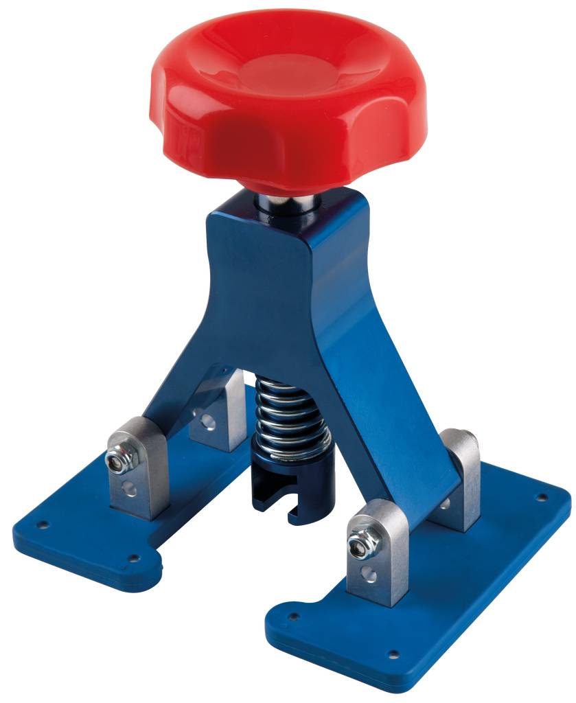 Ein blauer höhenverstellbarer Spannhalter mit rotem Drehknauf, montiert auf einer stabilen Basis, für industrielle Anwendungen.
