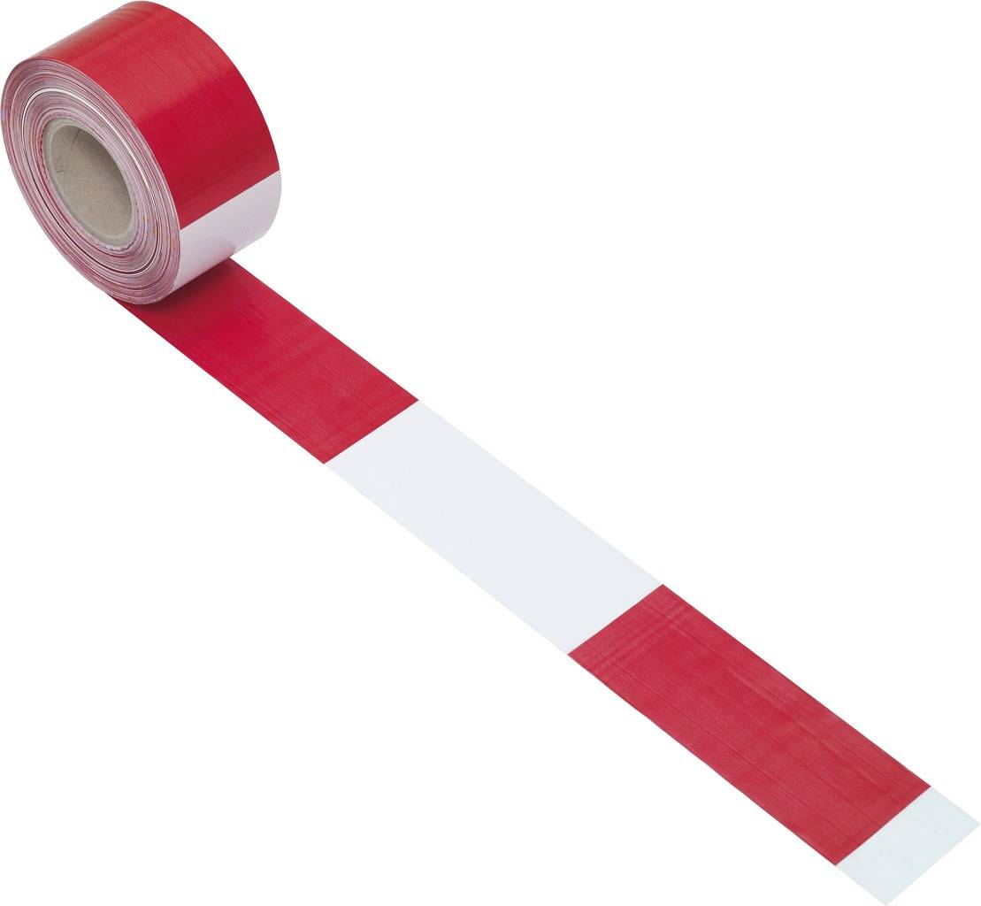Rote und weiße Absperrbandrolle, teilweise entrollt. Verwendet zur Markierung von Gefahrenstellen oder zur Absicherung von Bereichen.