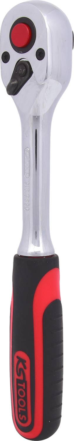 Eine silberne Ratsche mit einem roten Knopf und schwarzem, rotem Griff; geeignet für mechanische Arbeiten.