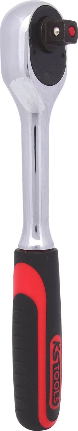 Ein Winkelschraubenschlüssel mit schwarzem und rotem Gummigriff und metallischem Kopf, typisches Werkzeug für Schraubarbeiten.