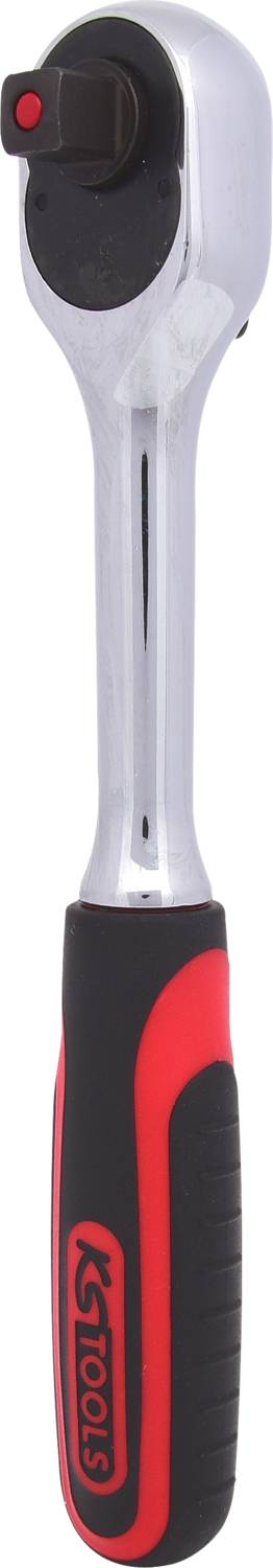 Ein silberner Ratschen-Schlüssel mit schwarzem und rotem Griff, möglicherweise von 'KS Tools', zum Festziehen von Schrauben.