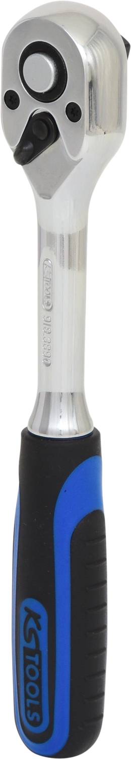 Knarrenschlüssel mit blau-schwarzem Griff und silbernem Kopf. Geeignet für mechanische Arbeiten und zur Handhabung von Schraubvorrichtungen.