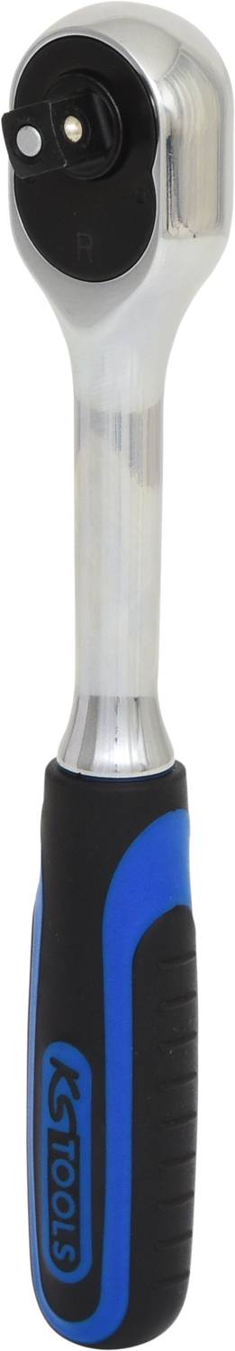 Ratsche mit ergonomischem, blau-schwarzem Griff und poliertem Metallkopf, geeignet für mechanische Arbeiten.