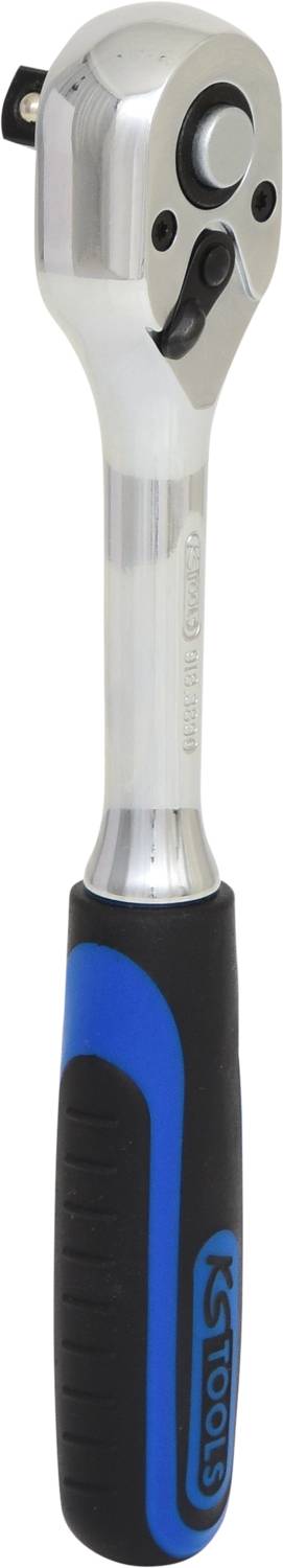 Silberner und schwarzer Knarrenratsche mit blauem Griff, meistens benutzt für mechanische Arbeiten und zum Anziehen von Schrauben.