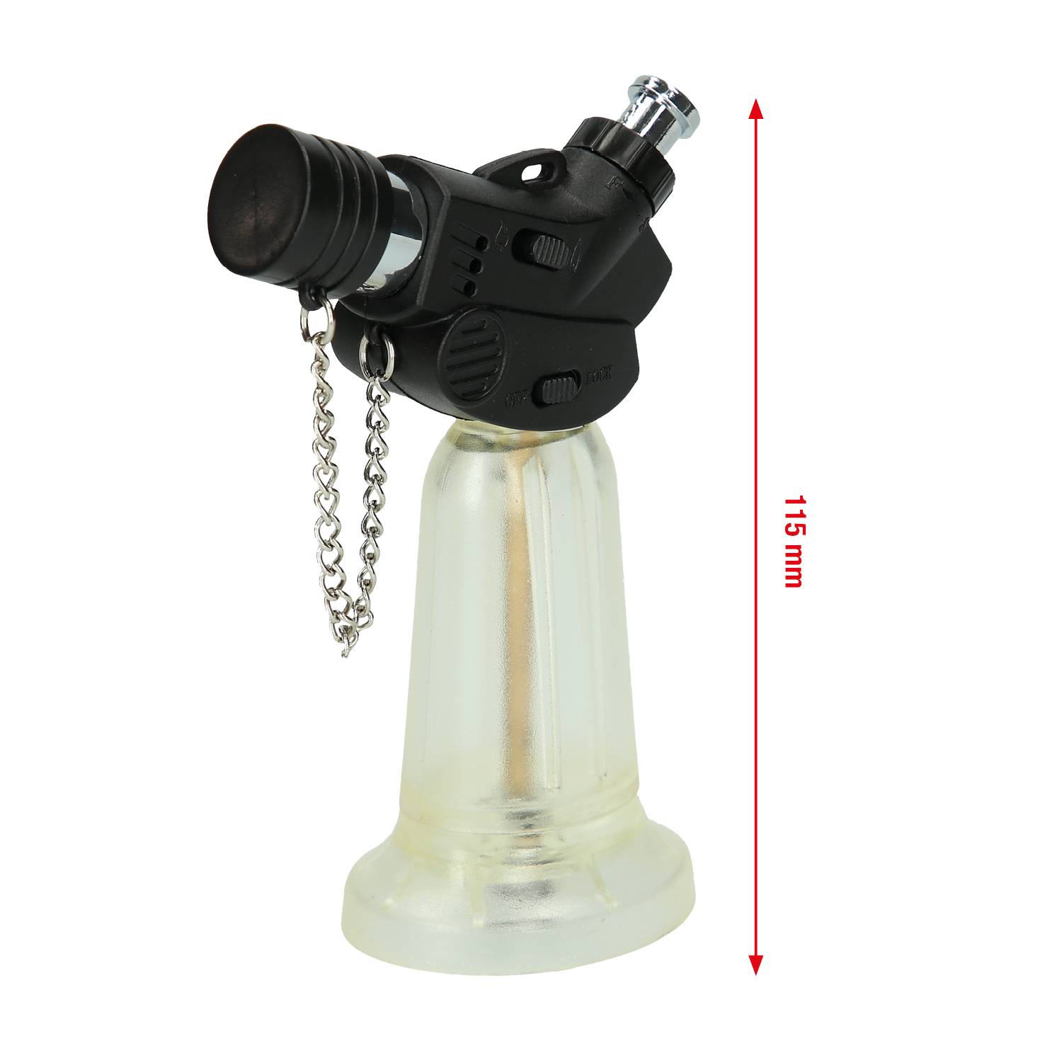 Ein kleiner Gasbrenner, flammlose Version, mit schwarzem Kopf auf einem transparenten Sockel, Höhe 115 mm.