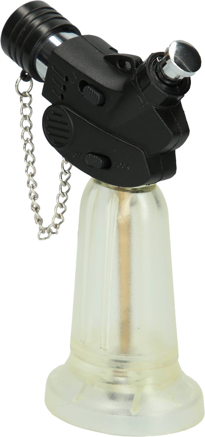 Ein schwarzer Mini-Gasbrenner mit einer silbernen Düse und transparentem Standfuß, ideal zum Löten oder für Bastelarbeiten.