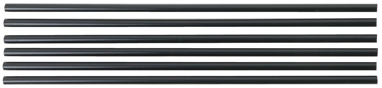 Sechs parallel liegende schwarze Stäbe mit identischer Länge und Dicke vor weißem Hintergrund.