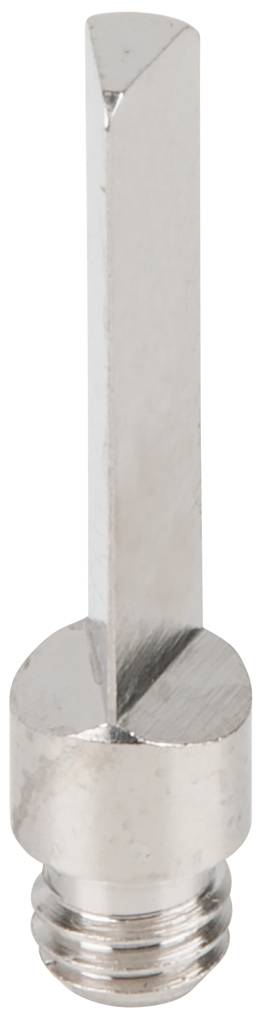 Ein silbernes Metallwerkzeug mit Schraubgewinde und langem, schmalem Schaft. Möglicherweise ein Aufsatz für ein spezielles Gerät.