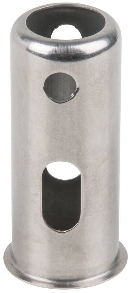 Metallzylinder mit zwei ovalen Öffnungen. Oben und Mitte Loch. Glänzende Oberfläche.