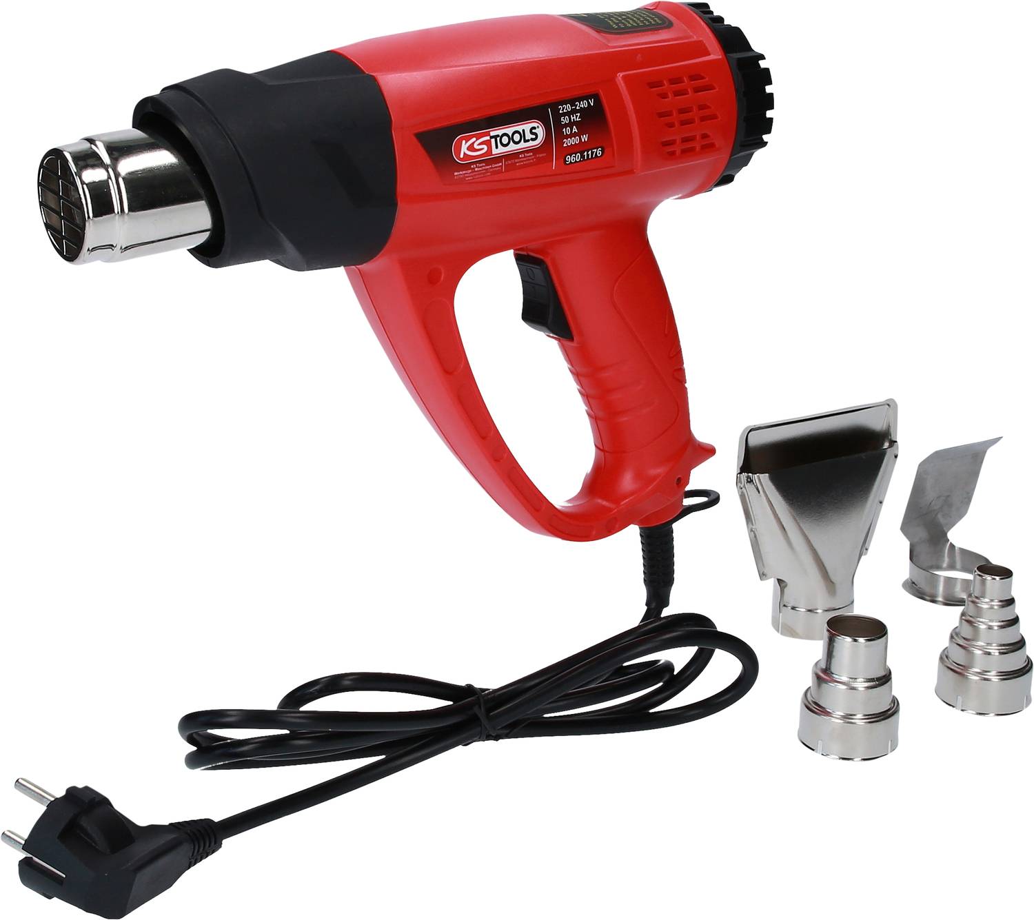 Heißluftpistole in Rot mit mehreren Aufsätzen und Netzkabel; Werkzeug zum Entfernen von Farbe oder Formung von Materialien.