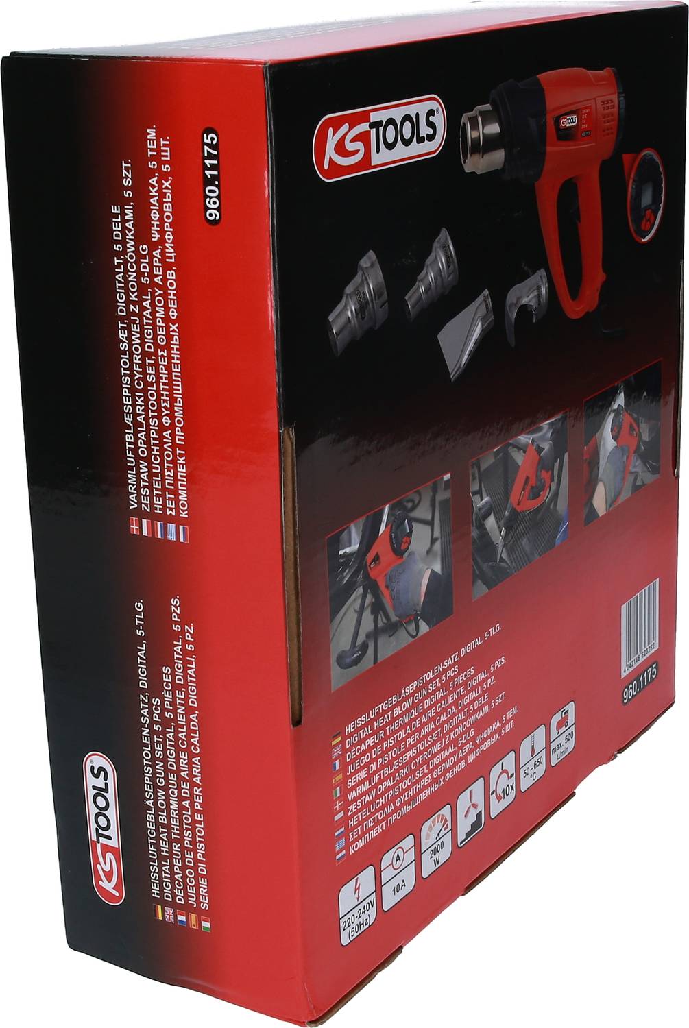 Eine schwarze und rote Verpackung für ein KS Tools Heißluftgebläse-Set, zeigt das Gerät, verschiedene Düsen und Anwendungshinweise.