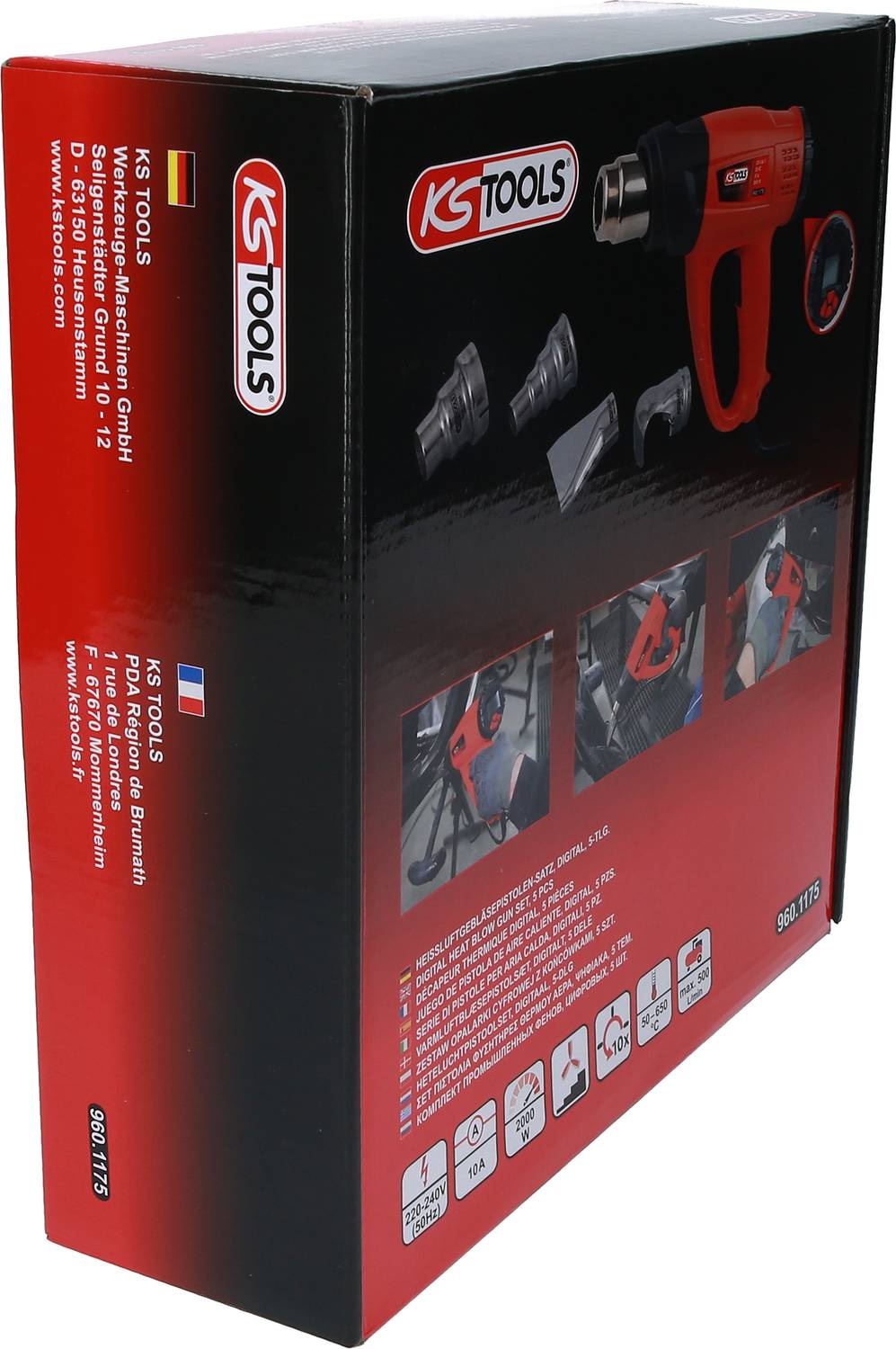 Verpackung einer Heißluftpistole der Marke KS Tools mit Zubehör. Enthält Bilder der Anwendung und Informationen auf Deutsch und Französisch.