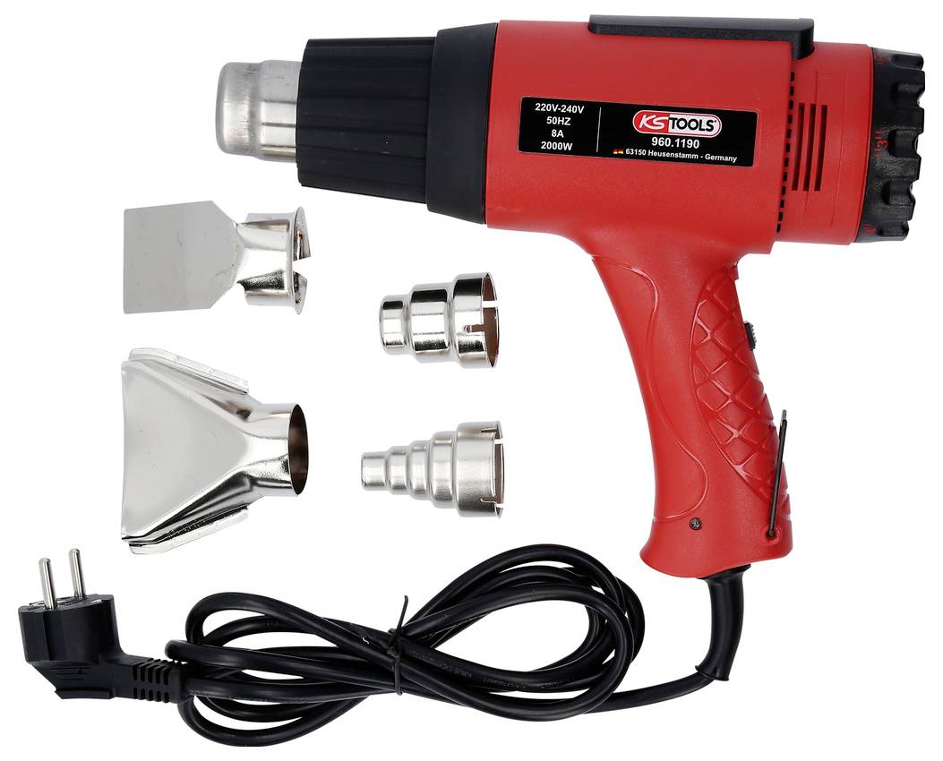 Rotes Heißluftgebläse mit wechselbaren Düsenaufsätzen verschiedener Formen. Geeignet für Aufgaben wie das Entfernen von Farbe oder Verformen von Kunststoff.