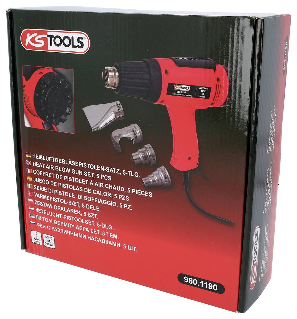 Heißluftpistolenset mit 5 Aufsätzen von KS Tools in roter Verpackung. Enthält Anwendungsbilder und Produktbezeichnung.