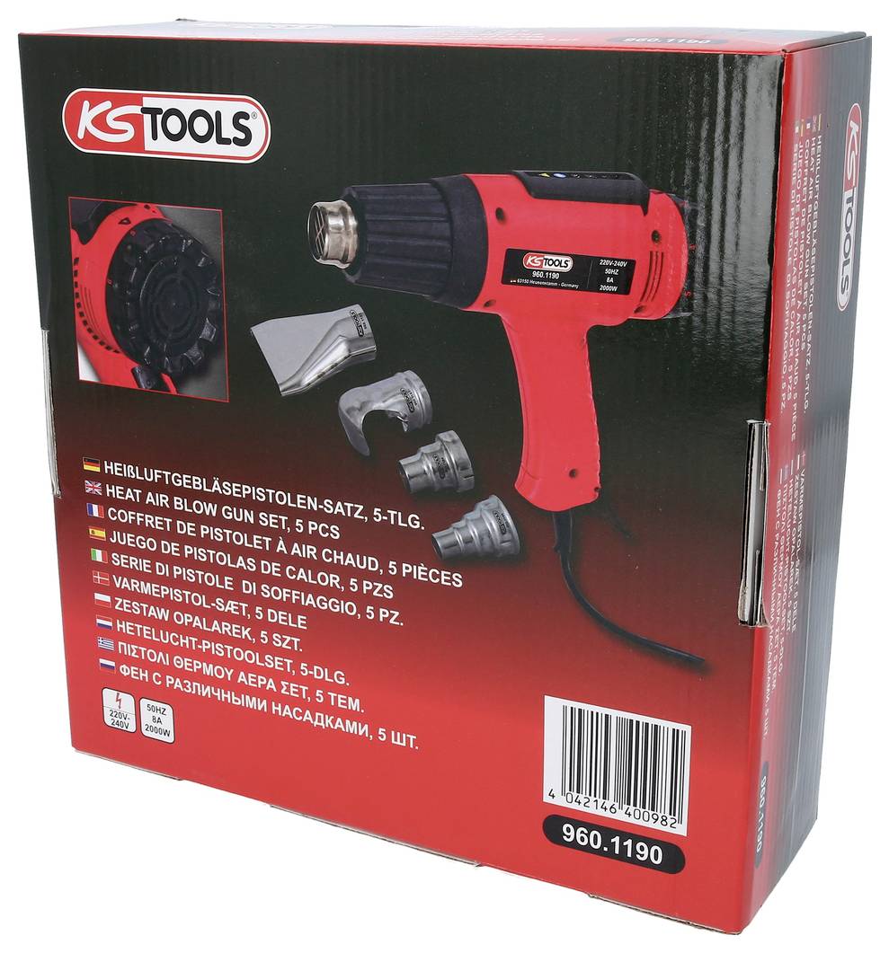 Verpackung eines Heißluftgebläsepistolen-Sets mit Pistole, verschiedenen Düsen und Logos der Marke 'KS Tools'.