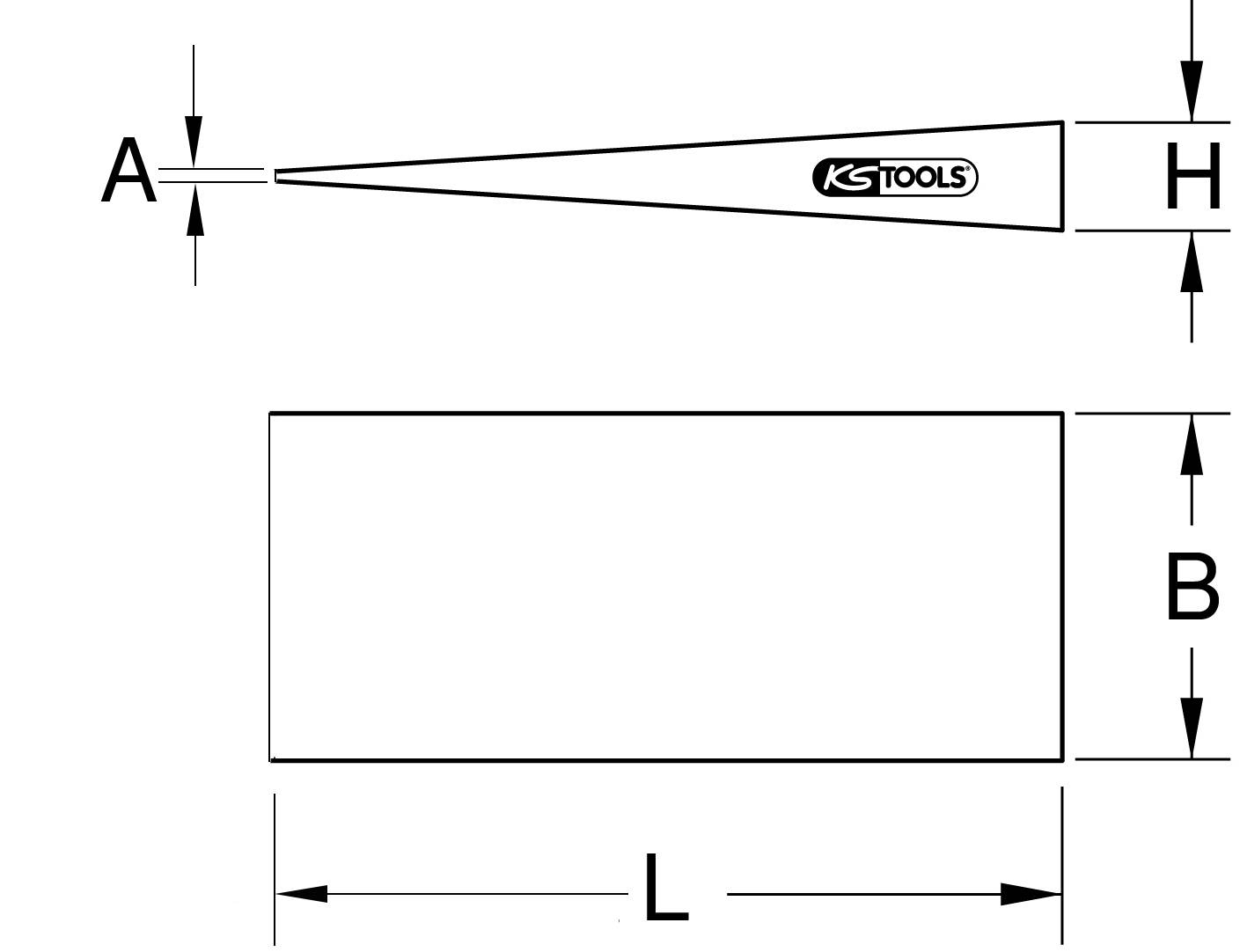 'KS Tools' Werkzeugzeichnung zeigt Abmessungen: Länge (L), Breite (B), Höhe (H) und A, durch ein dreieckiges und ein rechteckiges Segment.