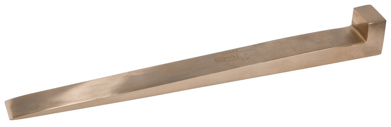 Ein einzelner goldfarbener Hebel oder Stab mit einem abgeflachten Ende und einem rechteckigen Griff, auf einer weißen Fläche liegend.