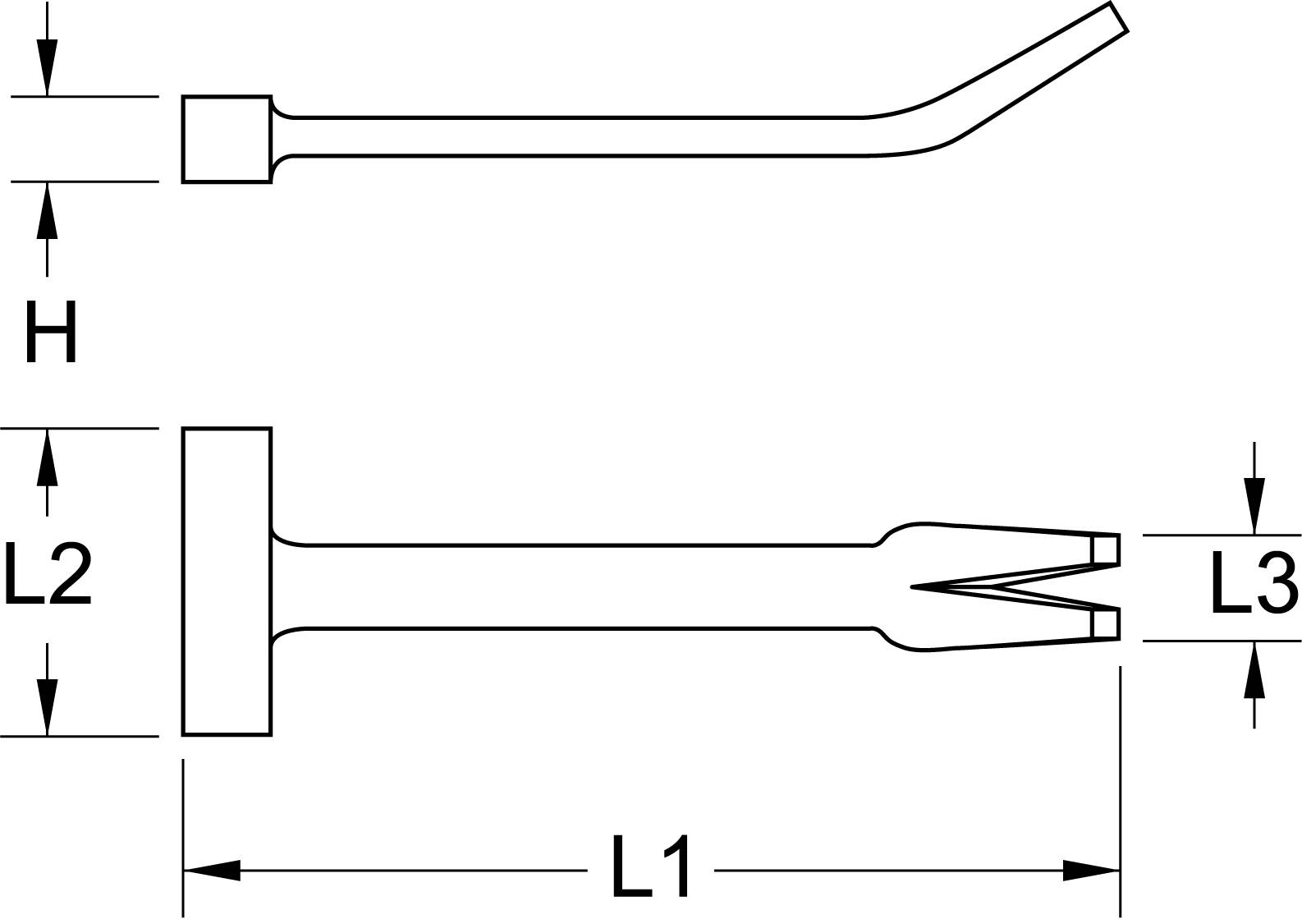 Technische Zeichnung eines Werkzeugs mit zwei Ansichten. Die obere Ansicht zeigt eine gebogene Spitze, die untere eine geteilte Spitze mit Maßen L1, L2, L3 und H.