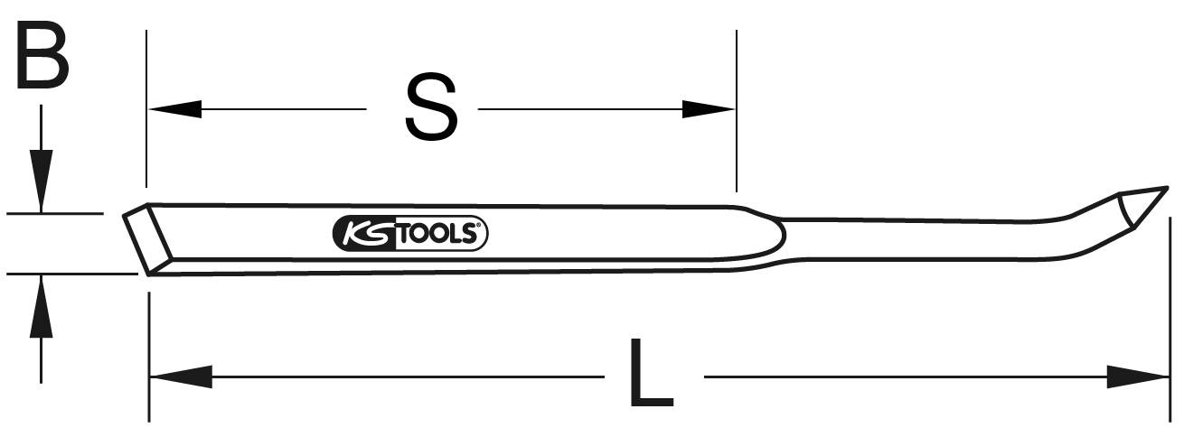 Illustration eines Hebeleisens mit den Maßen B, S und L, hergestellt von KS Tools; das Werkzeug hat ein spitzes und ein abgewinkeltes Ende.