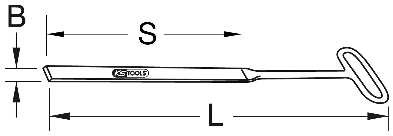 Abbildung eines Sechskant-Winkelschlüssels mit T-Griff. Angezeigt werden die Maße Breite (B), Schaftlänge (S) und Gesamtlänge (L).