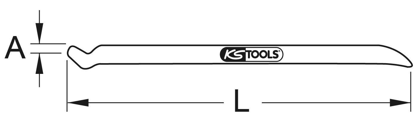 Illustration eines Reifenhebers von KS Tools, zeigt Länge 'L' und Dicke 'A'.