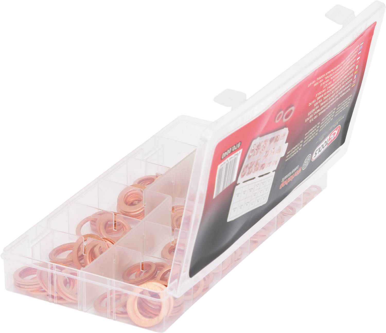 Eine transparente Plastikbox mit mehreren Fächern, die Kupferdichtungsringe in verschiedenen Größen enthält. Verpackungsetikett oben.