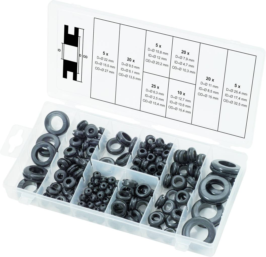 Eine Plastikbox mit Fächern, gefüllt mit schwarzen O-Ringen unterschiedlicher Größe. Das Etikett zeigt Maße und Stückzahlen.