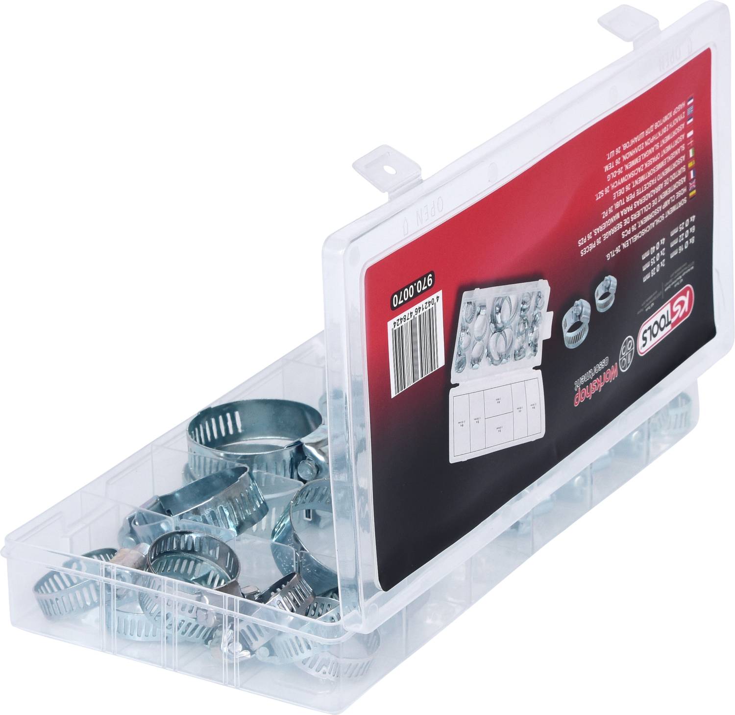 Transparente Kunststoffbox mit mehreren Metallschellen, rotem Etikett und Produktinformationen. Box ist teilweise geöffnet.