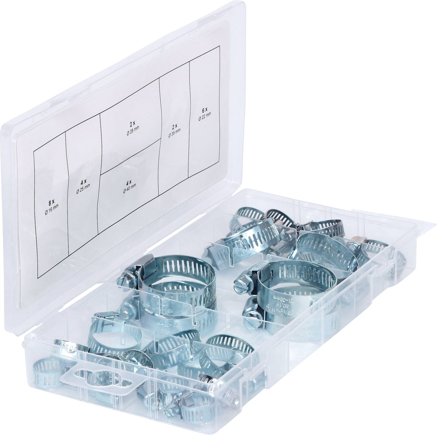Eine geöffnete Plastikbox zeigt verschiedene Schlauchschellen in mehreren Größen.