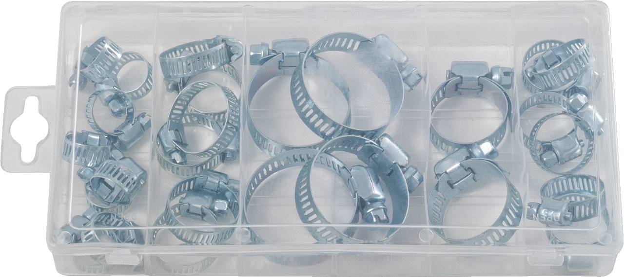 Eine Plastikbox mit verschiedenen Größen von Schlauchschellen aus Metall, ordentlich in mehrere Fächer sortiert.