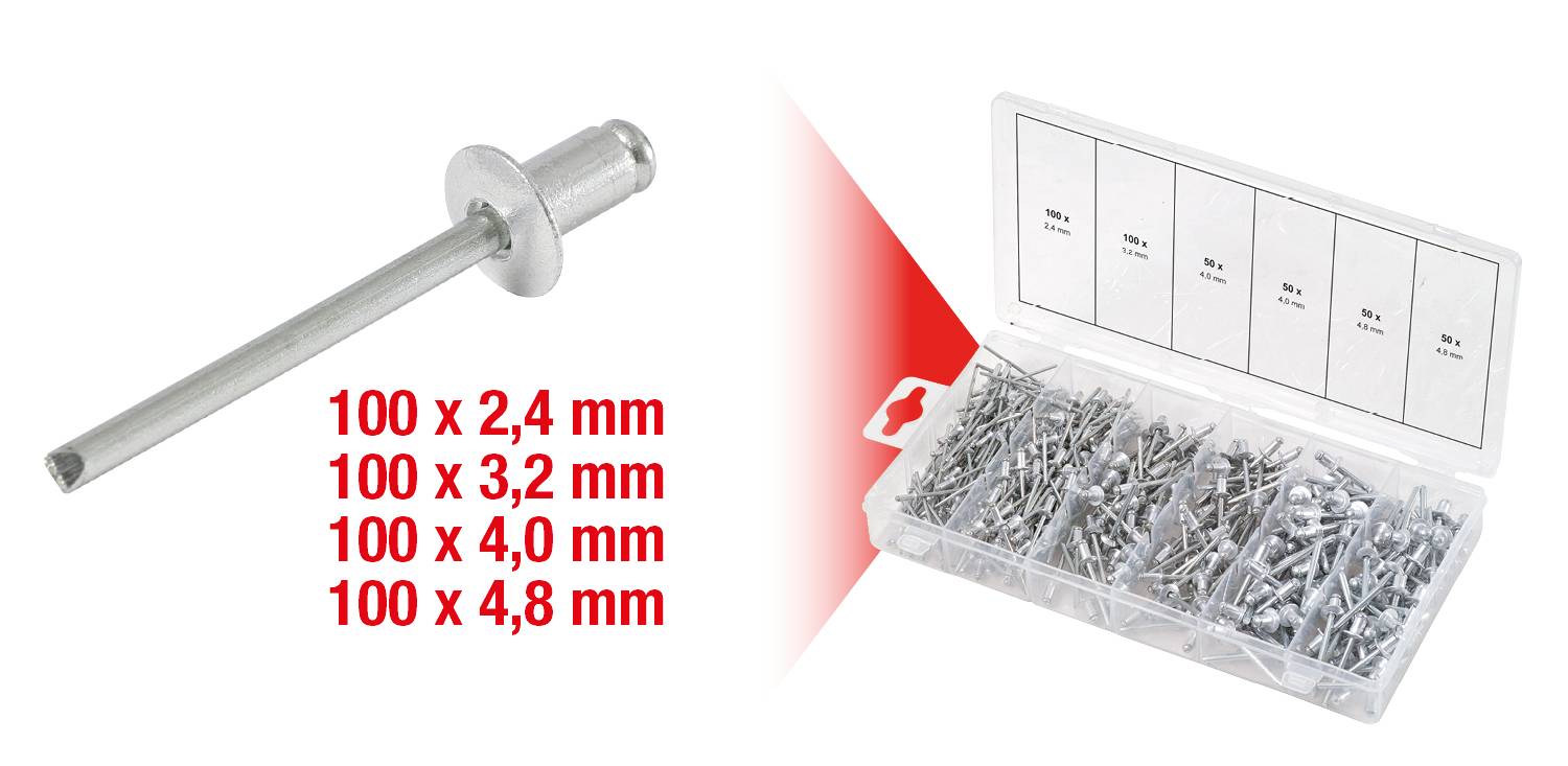 Blindnietset bestehend aus 400 Nieten in Größen 2,4 mm, 3,2 mm, 4,0 mm und 4,8 mm. Enthält geöffnete Kunststoffbox mit Nieten.