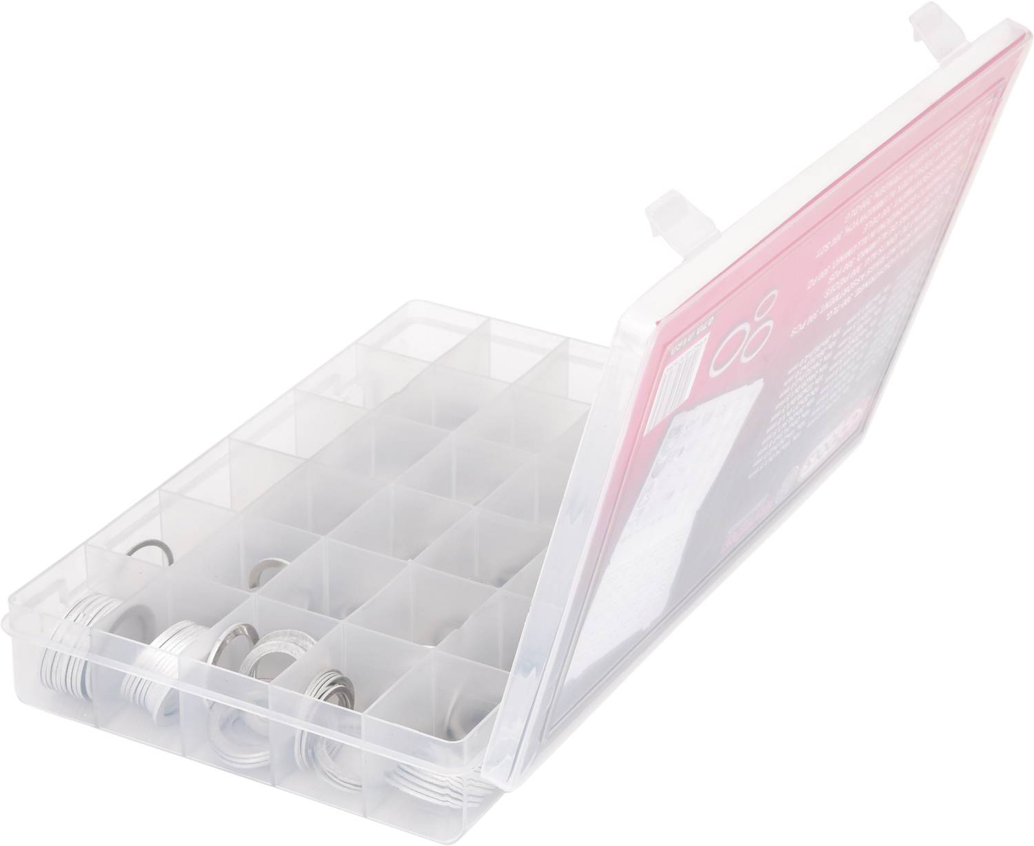 Geöffnete Plastikbox mit Fächern, gefüllt mit verschiedenen Ringen oder Dichtungen, die aufgereiht sind.