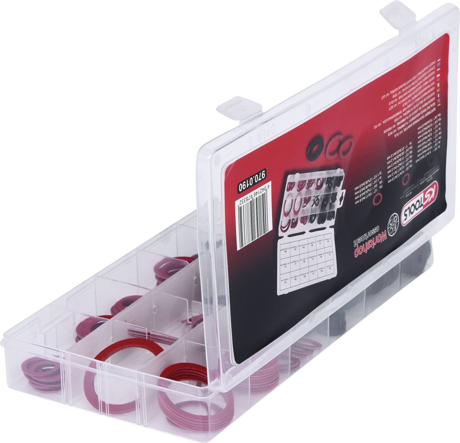 Transparente Kunststoffbox mit verschiedenen roten Dichtungsringen in separaten Fächern, Etikett zeigt Größen und Stückzahlen.