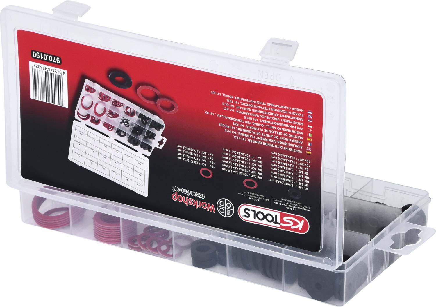 Transparente Kunststoffbox mit roten und schwarzen Gummidichtungen in mehreren Fächern. Etikett oben zeigt Produktinformation und Teilenummer.