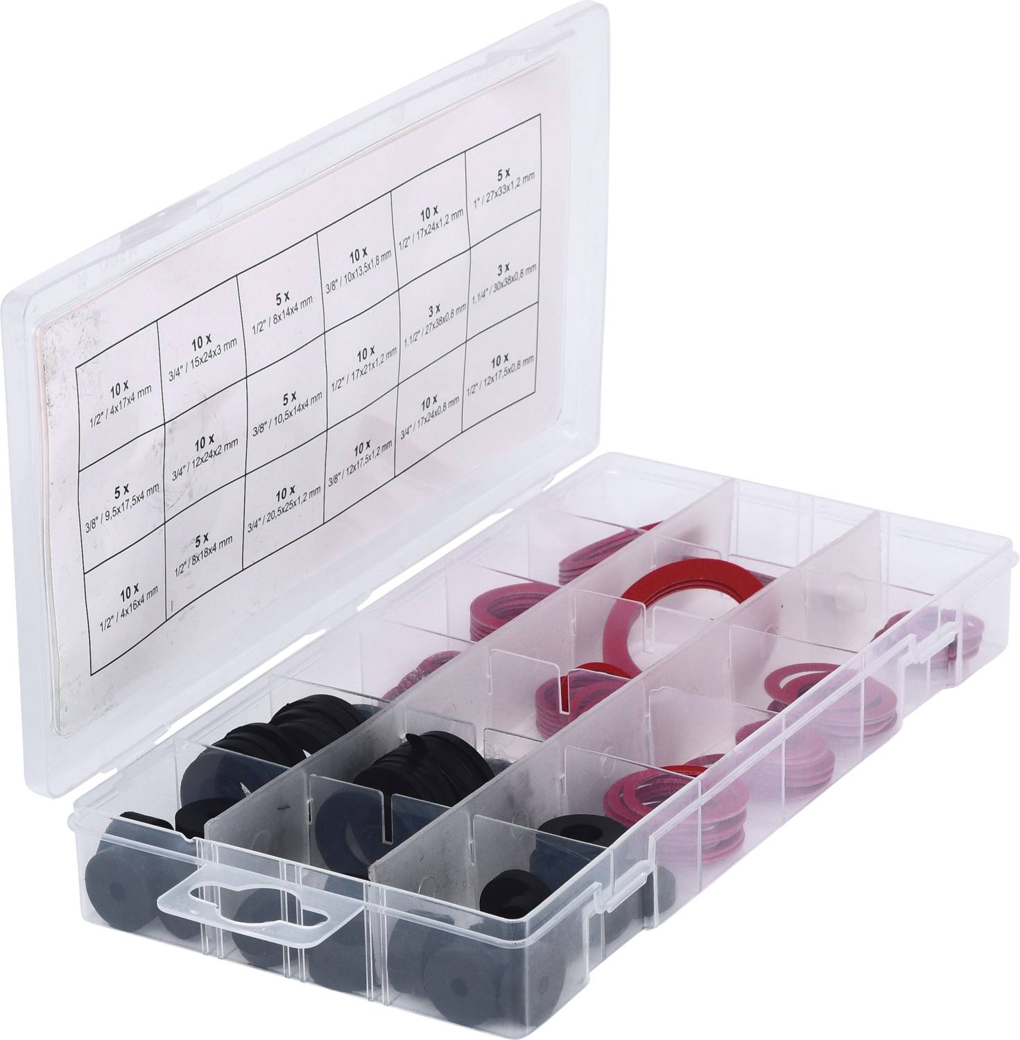 Ein geöffneter Kunststoffkasten mit mehreren Fächern enthält rote und schwarze Dichtungsringe in verschiedenen Größen.