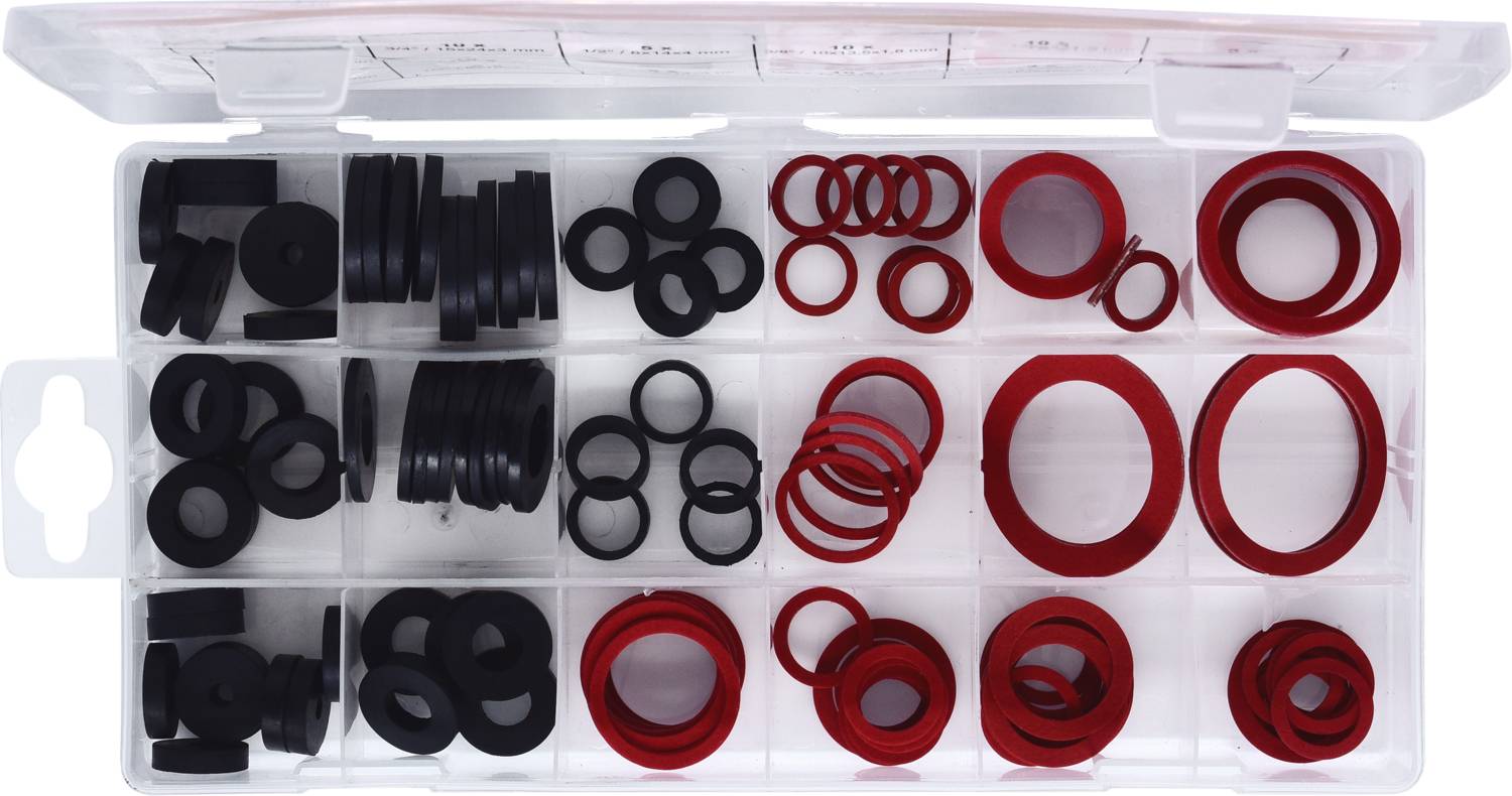 Sortiment aus roten und schwarzen Dichtungen in einem Kunststoffkasten mit Fächern. Unterschiedliche Größen und Formen sind sichtbar.