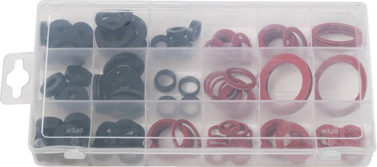 Eine aufklappbare Plastikbox mit roten und schwarzen O-Ringen in verschiedenen Größen, ordentlich in Fächern sortiert.