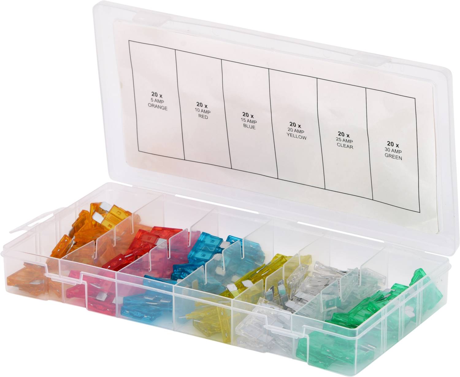 Eine geöffnete Plastikbox mit verschiedenen farbigen Sicherungen, jeweils in separaten Fächern sortiert. Ein Etikett listet die Farben und Amperezahlen auf: Orange 3A, Rot 10A, Blau 15A, Gelb 20A, Klar 25A, Grün 30A.