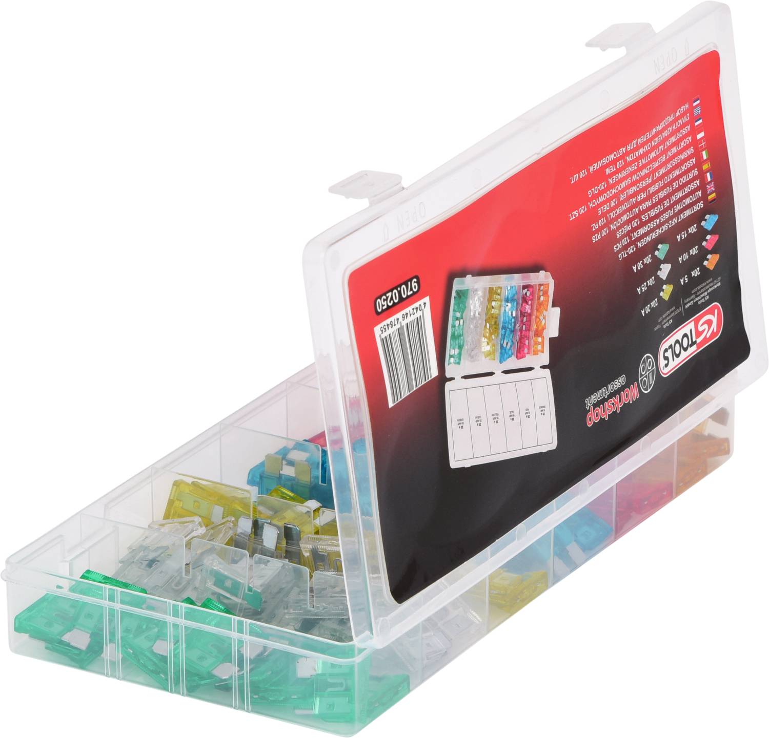 Kunststoffbox mit verschiedenen farbigen Sicherungen. Geöffneter Deckel zeigt Anwendungsdiagramm und Produktdetails auf rotem Hintergrund.