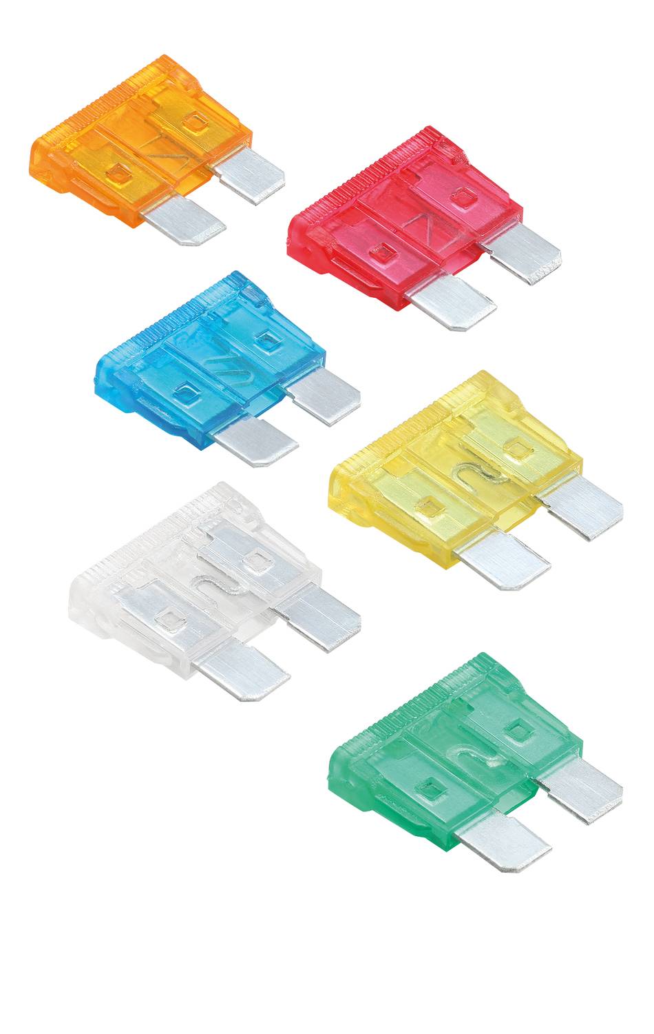 Sechs Auto-Sicherungen in verschiedenen Farben: Orange, Rot, Blau, Gelb, Transparent und Grün. Sie sind nebeneinander angeordnet.