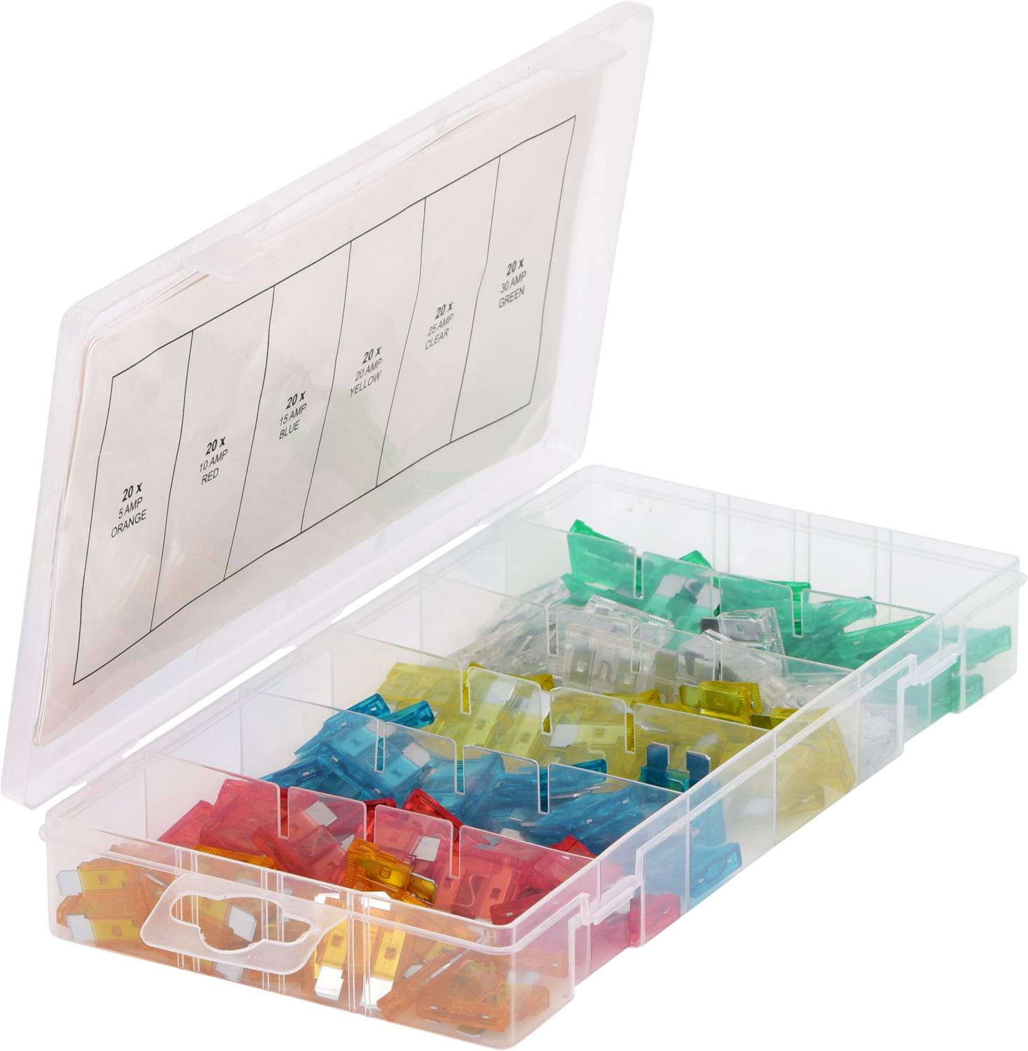 Ein offener Kunststoffkasten mit diversen farbigen Sicherungen in separaten Fächern.