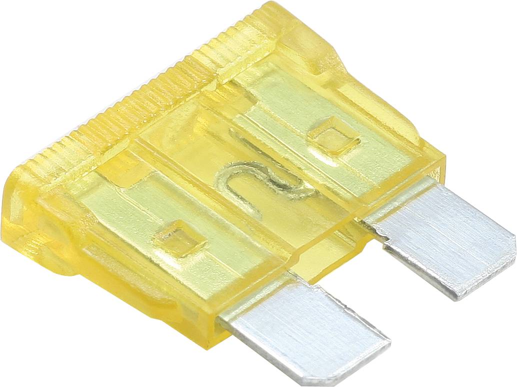 Gelbe Flachstecksicherung mit zwei Metallkontakten, typisch für den Einsatz in Fahrzeugen zur Absicherung elektrischer Komponenten.