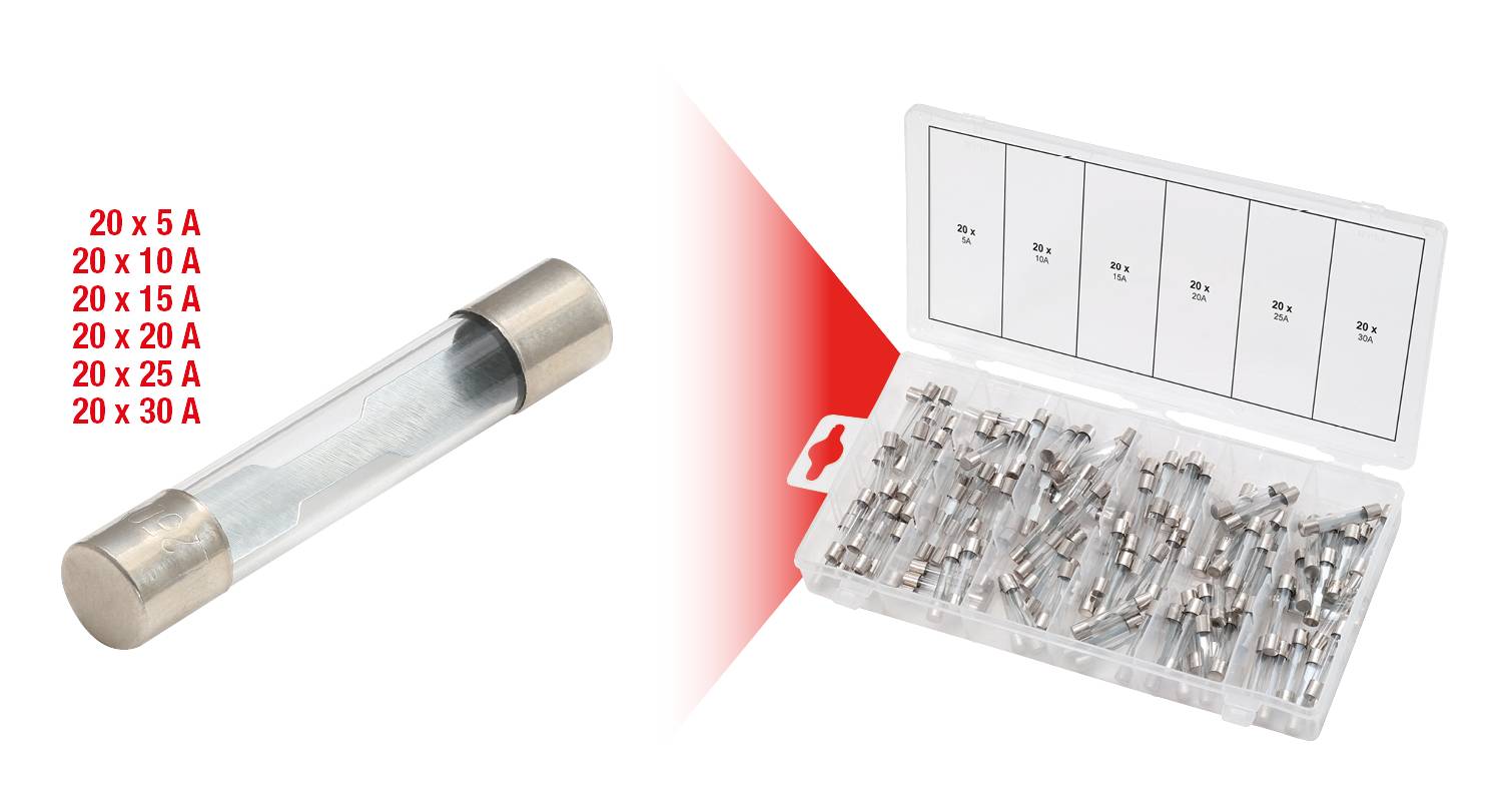 Glassicherungssortiment: Verschiedene Sicherungen von 5A bis 30A, in Box geliefert; Hauptmotiv ist eine einzelne Glassicherung.