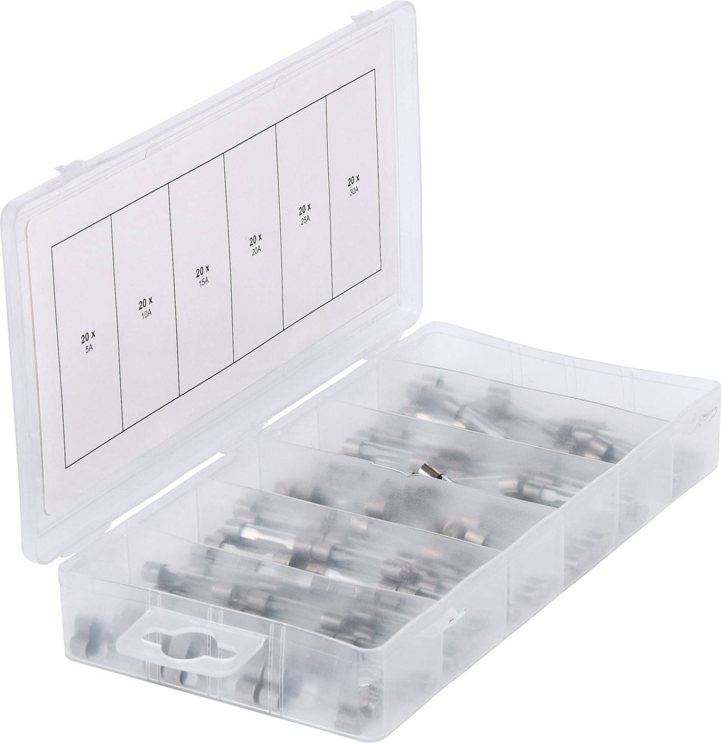 Transparente Kunststoffbox mit verschiedenen Sicherungen in separaten Fächern, beschriftet mit den Werten 20 A bis 35 A.