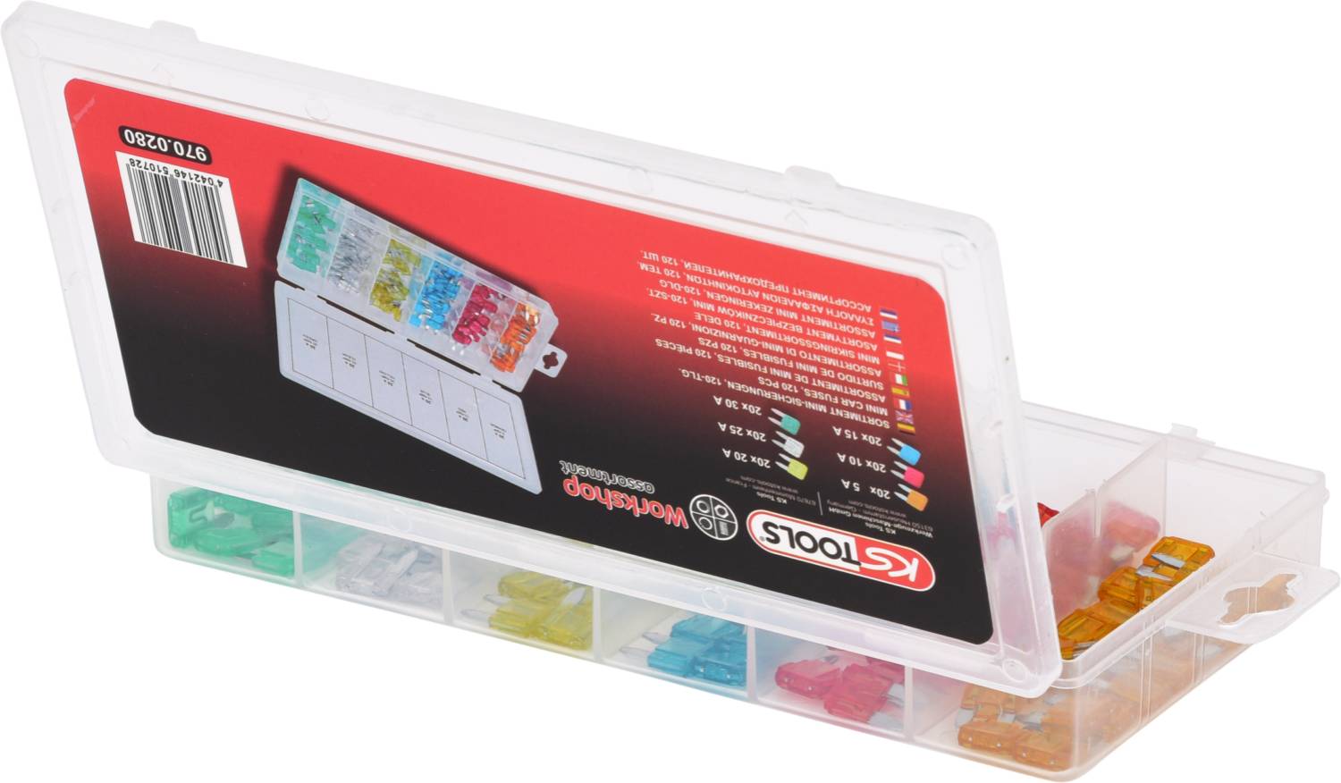 Eine geöffnete Plastikbox mit farbigen Sicherungen in verschiedenen Größen.