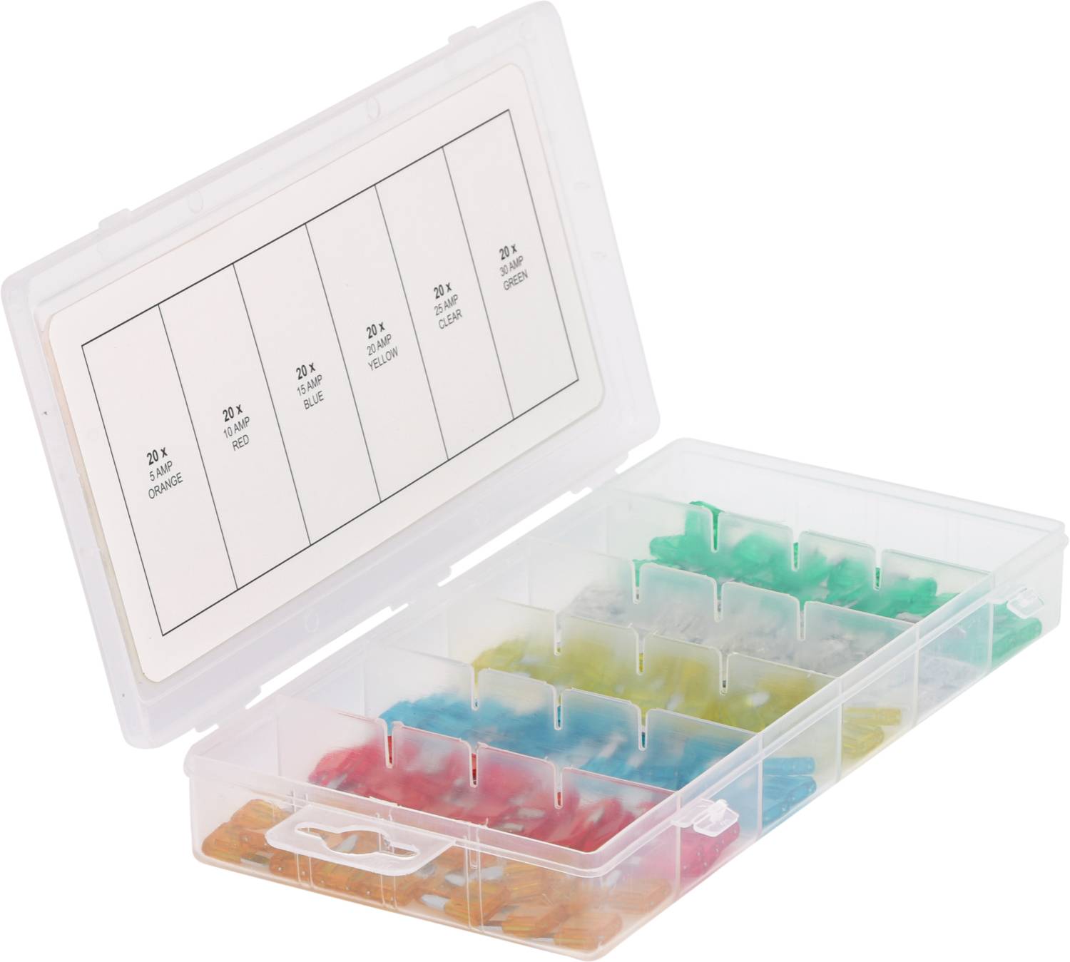 Offene Plastikbox mit fünf Reihen von Fächern in verschiedenen Farben, gefüllt mit bunten Gummibärchen.
