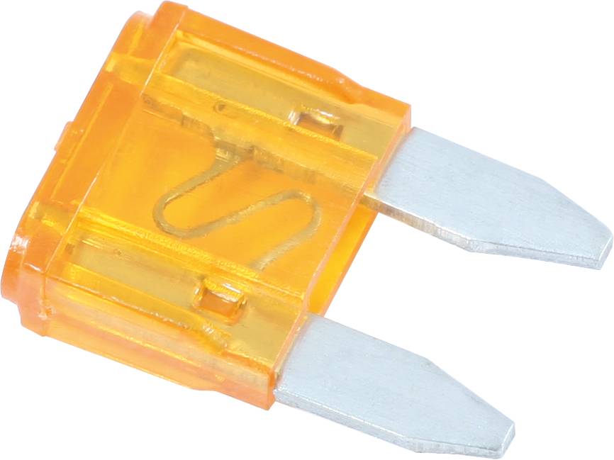 Oranges Sicherungselement mit zwei metallischen Anschlüssen. Es ist ein elektrischer Schutz zur Unterbrechung des Stromkreises bei Überlastung.