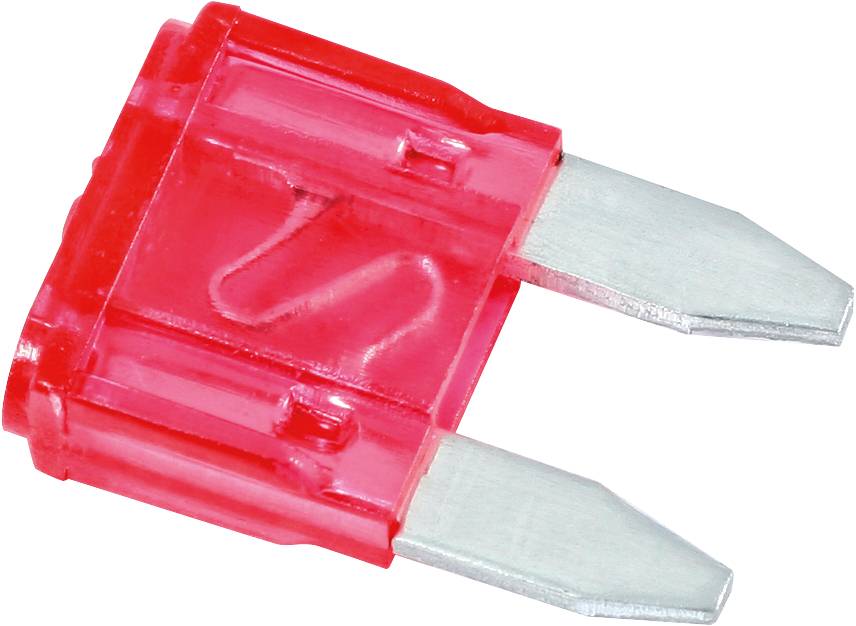 Rote Mini-Blade-Sicherung mit zwei Metallkontakten.
