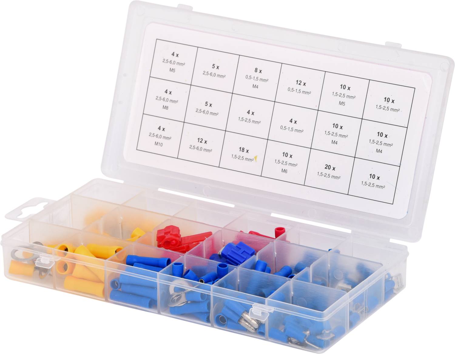 Durchsichtige Kunststoffbox mit mehreren Fächern, gefüllt mit bunten Aderendhülsen in verschiedenen Größen. Oberseite zeigt Inhaltsliste.
