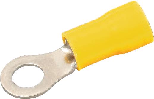 Gelber Kabelschuh mit rundem Metallanschluss zur Befestigung an elektrischen Leitungen.